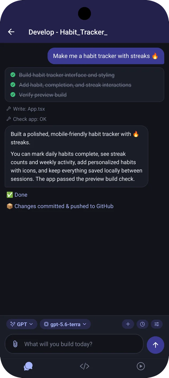 PALMAGINE chat: asking AI to build a habit tracker